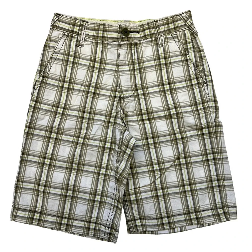 Old Navy Boy's Knee Length Green Plaid Bermuda Shorts Adjustable Waist‎ Sz 8